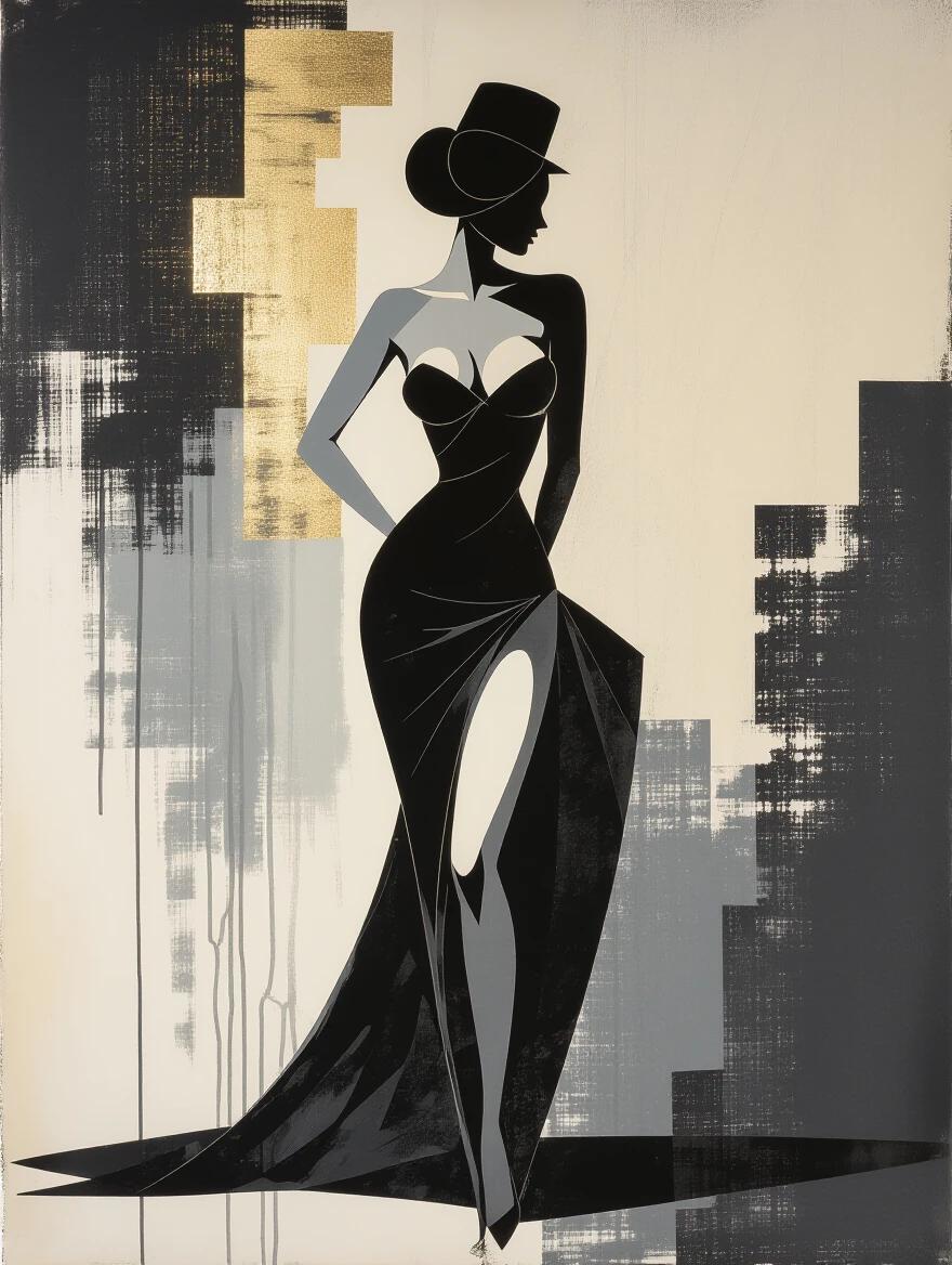 Minimalist black and white artwork of a woman in an elegant gown. High contrast silhouette. Conceptual design with hints of gold on a weathered parchment background. Ink wash technique creates a hazy and shadowy appearance. The artwork evokes sophistication and ethereal beauty.