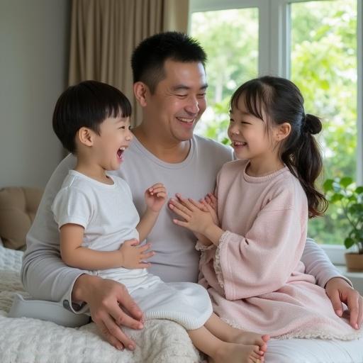 Portrait of a healthy happy family with a father mother and two children. The children are laughing together with their parents. The scene radiates joy and warmth. No distractions in the background, focus on the family interaction.