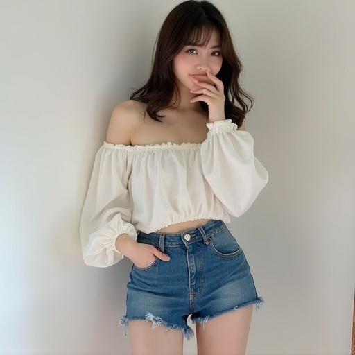 Japanese girl wearing off-shoulder top with denim hot pants is posing stylishly.