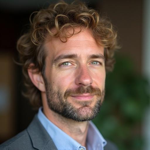 Portrait of a male teacher in his 30s with tousled brown hair and green eyes. He has a three-day beard and appears attractive. Focus on his facial expression and professionalism in a relaxed setting.