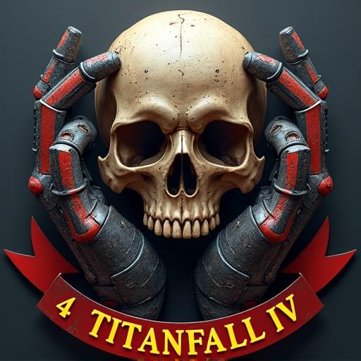 A mechanized fist crushes a skull into a badge. Fingers morph into a jagged four. Steel and nano-tech elements. Auto-turrets track threats. Holographic feed flickers. Bottom banner reads TITANFALL IV.