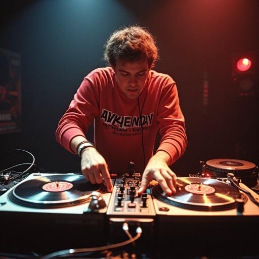 DJ performs energetically with vinyl turntables at a competitive event showcasing rapid mixing skills. This event captures the essence of 1990s DJ battles.