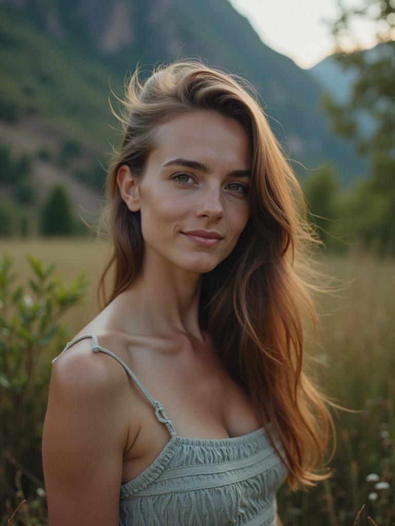 A woman stands in a field surrounded by hills. She has long, flowing hair. The sun sets behind the mountains. The landscape is tranquil and colorful. The scene captures the essence of nature and serenity.