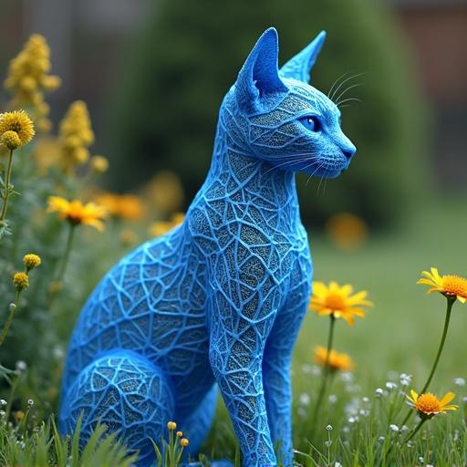 A blue wire frame cat sits in a vibrant garden surrounded by yellow flowers. The cat has a low poly design, focusing on a geometric representation with an artistic touch.