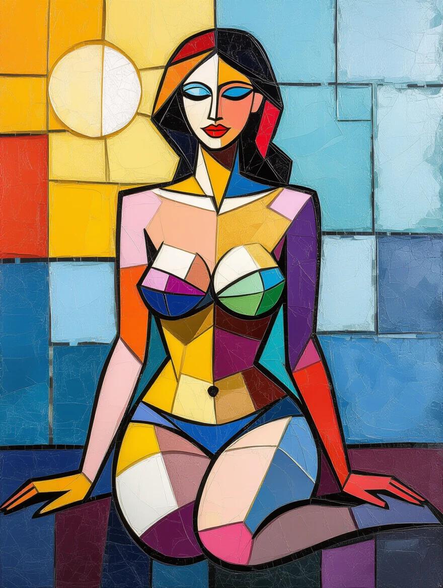 Stylized mosaic of a nude woman in vibrant colors. She sits on her knees with a frontal view. Background features abstract geometric shapes and a sun. Thick raised brushstrokes offer a three-dimensional relief effect.