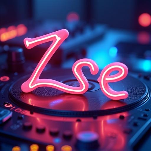 Image features luminous 3D text saying DJ Zoe. Elements include a DJ turntable and vibrant neon colors. Background suggests a lively musical atmosphere.