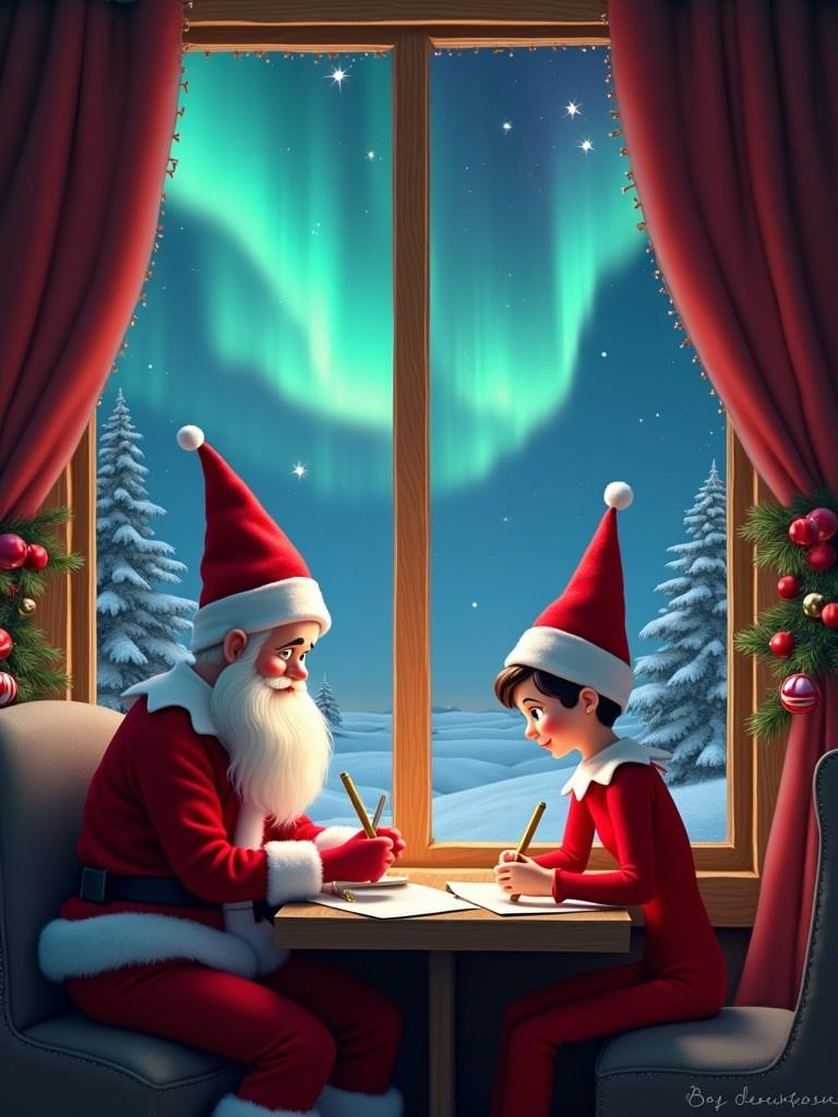 Santa Claus is sitting with an elf by a window. They are writing notes together in a cozy cabin. The sky is filled with northern lights. The ambiance is warm and festive. The scene highlights the magic of Christmas. The names 'Olivia' and 'Matthew' glow in the sky.