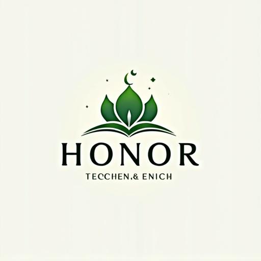 Professional logo design for a Quran teaching center named HONOR. Features a stylized lotus symbol, incorporates shades of green and other complementary colors.