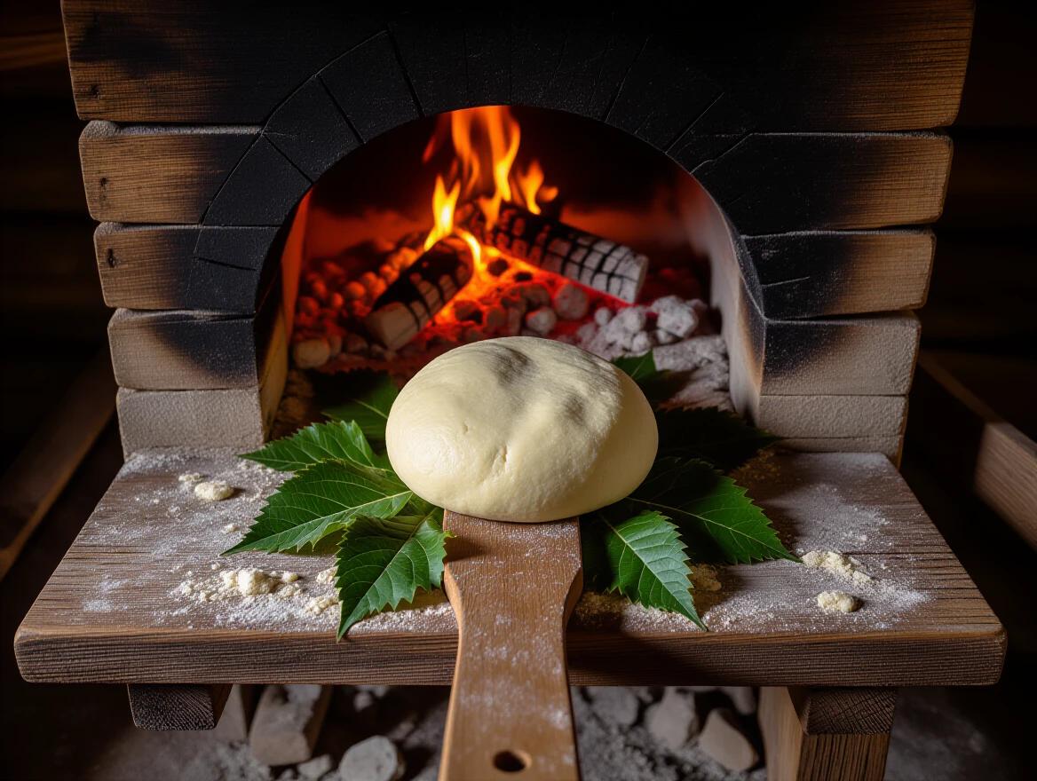 Film-grade vertical overhead shot shows a 10th-century rustic oven. The camera is almost directly above the mouth of the oven. A thick wooden peel holds a raw, rounded dough ball. The dough is uncooked and has an uneven texture. It sits on burdock leaves. Light from smoldering embers barely touches the dough. There is atmospheric smoke in a historical Slavic interior. Realistic textures and dramatic shadows are present.