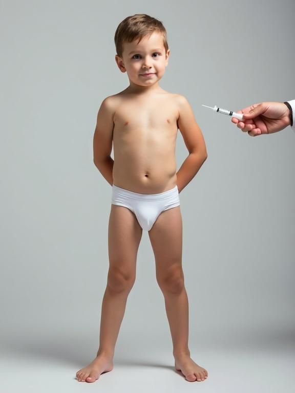 A young boy stands upright against a light gray background. He wears white underwear and displays a confident relaxed pose. A man holds a syringe approaching him. Soft lighting creates an even tone. The image has a minimalistic style, focusing on the boy without distractions.