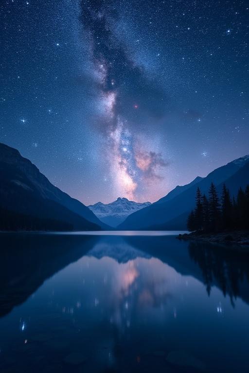 Breathtaking 8K ultra-high-resolution wallpaper, serene lake under night sky full of sparkling stars and Milky Way. Lake reflects starry sky, surrounded by silhouettes of mountains and trees. Evokes calmness and wonder, deep blues, purples, light reflections, no people, purely natural.