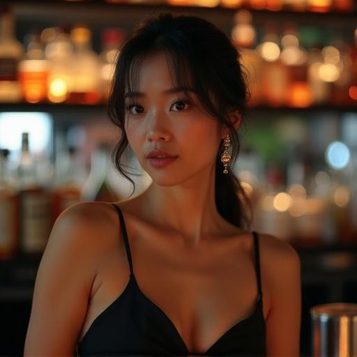 Japanese woman sitting at a bar counter. She wears a black camisole and oversized earrings. The lighting is dark and indirect. Behind the counter are bottles of whiskey and bourbon.