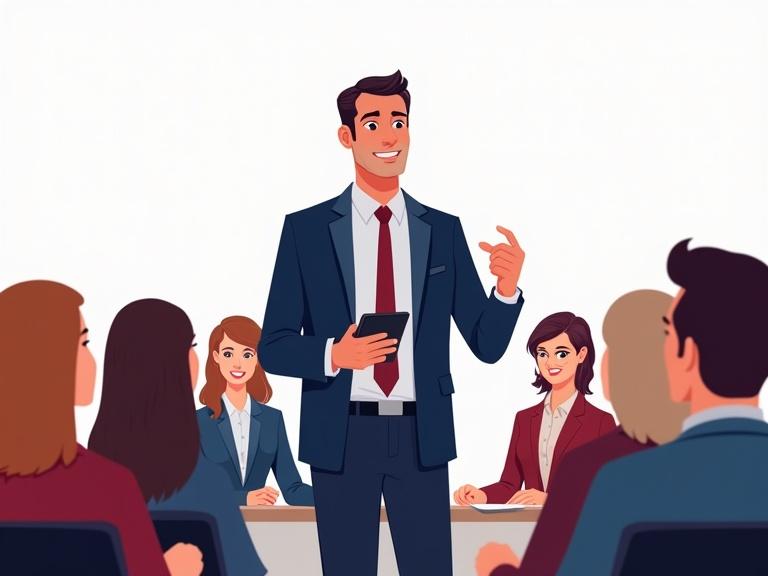 Illustration of an adult in professional business attire standing confidently delivering a speech in front of a diverse audience in a meeting room. The audience varies in ethnicity, age, and gender. Use rich maroons and navy blues for clothing and accents. Background should be transparent.
