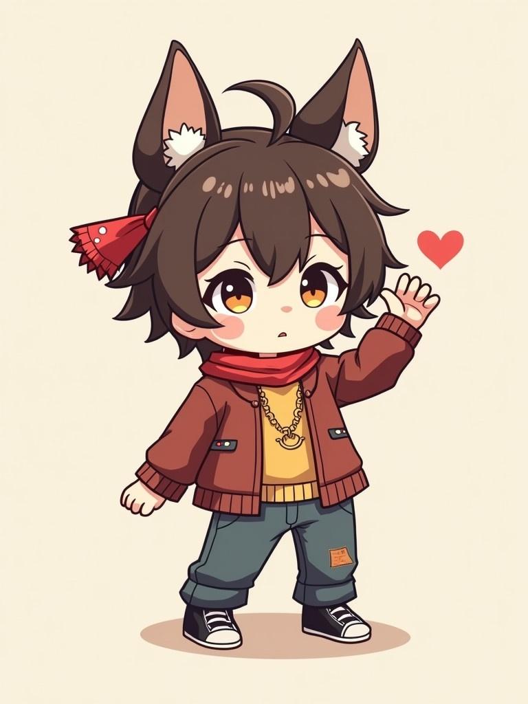 A chibi boy with brown hair showing off his outfit. He wears a red scarf and a stylish jacket. He has animal ears and a playful expression while waving. The background is simple and pastel colored.