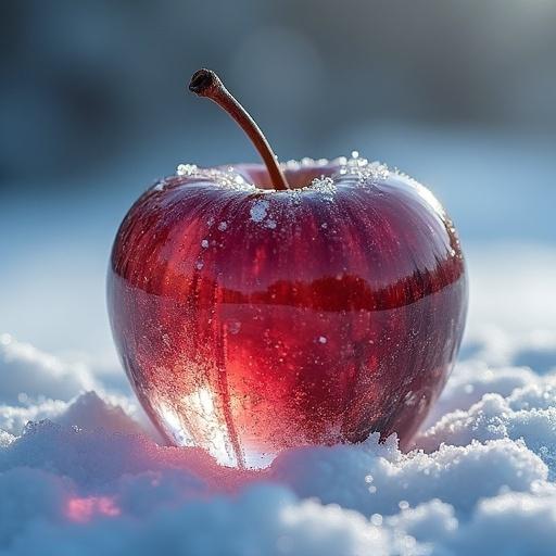 Glass apple placed on snow in a winter landscape. Close-up photography showcasing intricate details and sharp focus. Mysterious atmosphere. Artistic style inspired by Miki Asai and Greg Rutkowski.
