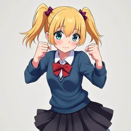 Anime character in a fighting pose. Schoolgirl wearing a blue jumper and a black pleated skirt. Blonde hair styled in pigtails. Character has a determined expression and is ready to fight.