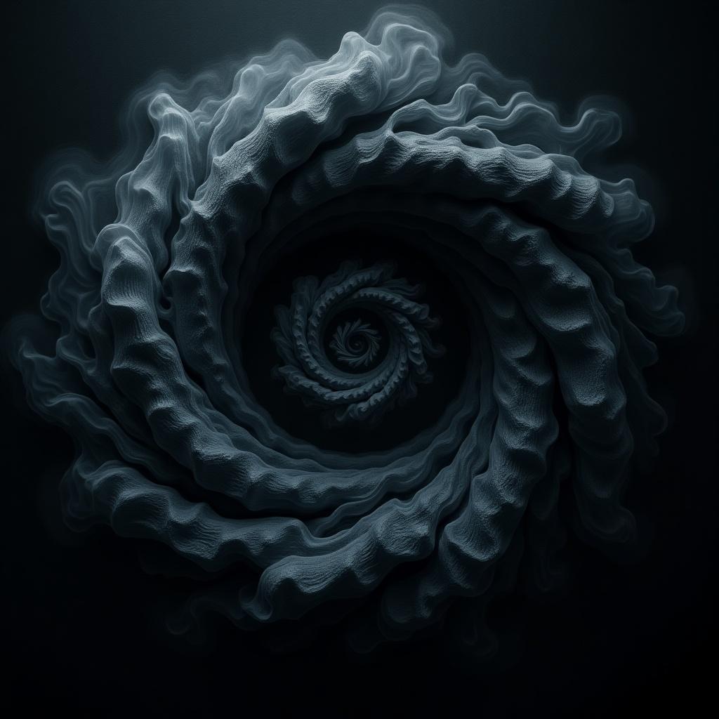 Dark swirling pattern resembling a vortex. The design features a spiral with textured layers. The color scheme is predominantly dark with soft gradients.