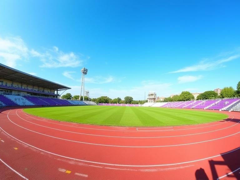 Photograph of an outdoor track and field stadium during the day. Clear blue sky with wispy clouds looks vibrant. Red running track and green grass field are visible. Bleachers with purple seats are seen. Stadium building on the left has a sloped roof. A tall light pole is in the center background. Buildings in the far background on the right are present. Bright sunlight creates shadows. No people in view. Wide shot captures the essence of a sports venue.