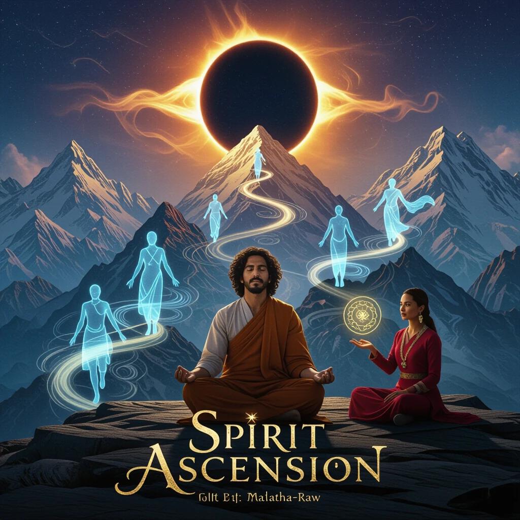 A mountain monk meditates under a solar eclipse. Ethereal clones of the monk appear across a mystical mountain trail. An ancient symbol is summoned by a woman in red. The setting is a spiritual Himalayan ridge with mythical elements.