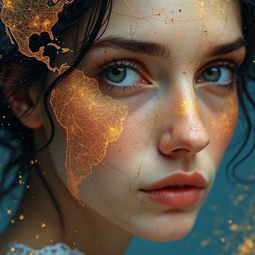 Close-up portrait of a beautiful time-traveling woman. Age is 30. Distinctive features showcased. A map is etched into the skin with lines glowing faintly. Gaze is mystical. She appears all-knowing. The map shows a fantastic world with galaxies and constellations. Background is a blurred cosmic tapestry. Art style includes thick brushstrokes and vibrant colors resembling Olga Buzova.