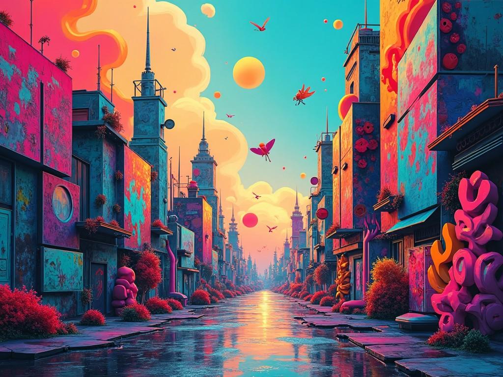 a surrealistic street with colorful buildings and abstract elements, bright and vivid lighting, central perspective