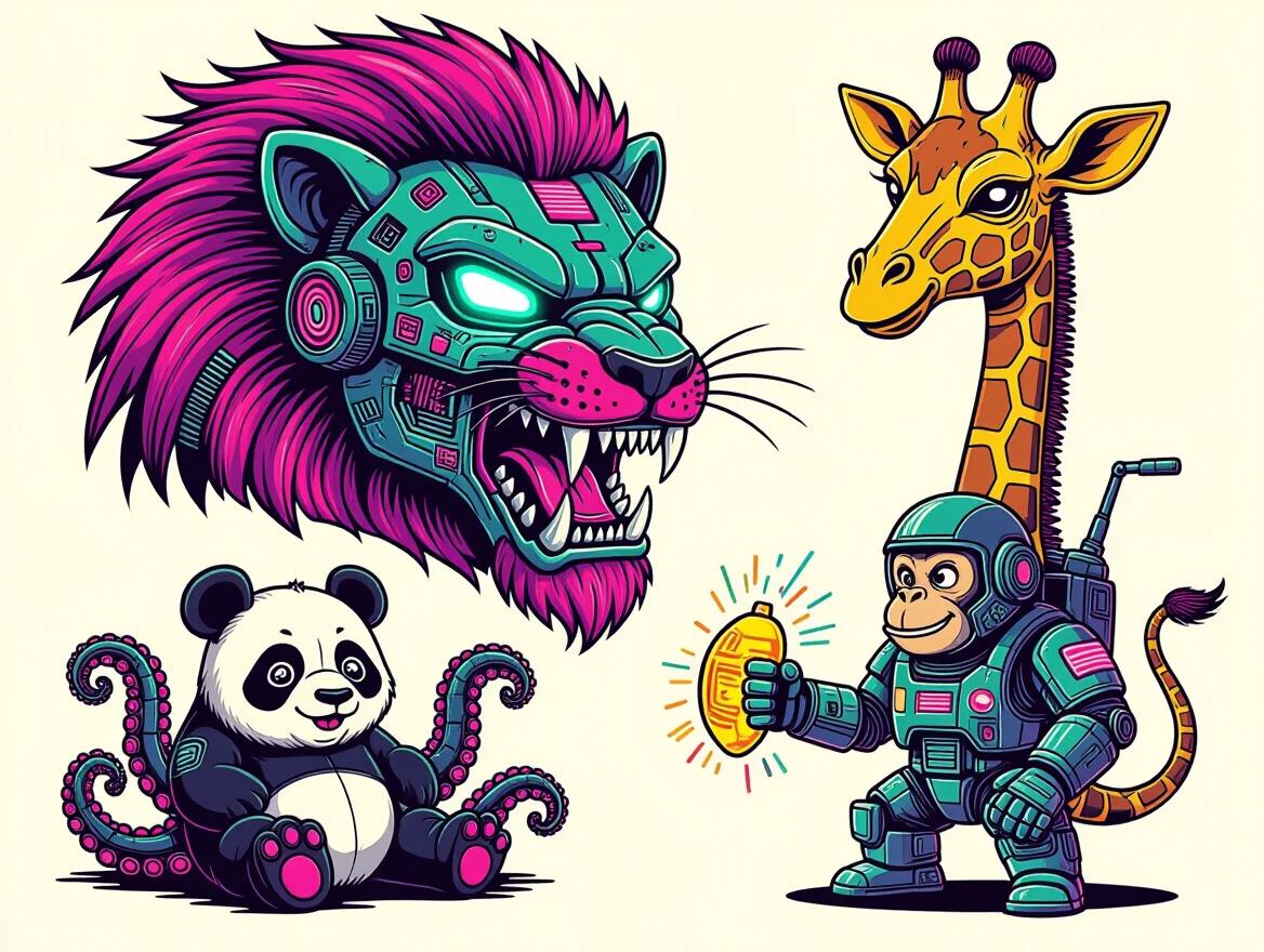 Tattoo flash sheet featuring a cyberpunk style. Contains grotesque mutated zoo animals with cybernetic enhancements. Includes a cyborg lion with LED eyes, a radioactive octopus with neon cables, a glitching panda, a robotic giraffe with antenna horns, and a monkey in an exosuit. All characters show exaggerated expressions with a futuristic sticker style layout on a plain background.