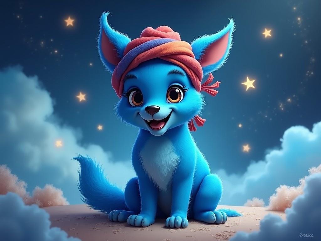 This image features a charming blue genie dog sitting contentedly. The dog has large, expressive eyes and a playful smile, wearing a colorful turban wrapped around its ears. The background is dreamy, with soft clouds and twinkling stars, creating a magical atmosphere. The use of bright blues and soft pinks adds to the cheerful vibe. This adorable character is perfect for engaging children and bringing a sense of wonder.