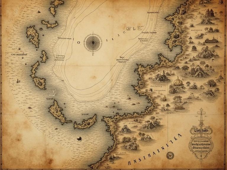 A section of the Piri Reis map showing detailed coastlines resembling Antarctica that are ice-free. The landmass features bays, mountains, and coastal inlets. The illustration is designed in an old cartographic style on parchment with Ottoman calligraphy for annotations. The colors are warm with an aged texture creating a mysterious ambiance.