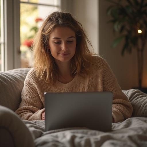 Ultrarealistic portrait of a happy woman on a couch in a cozy living room with a laptop. Warm ambiance and comfortable setting with natural light.