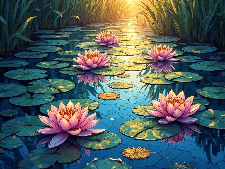A serene lily pond depicted with intricate stained glass design. Pink water lilies bloom atop green pads. Fragmented light patterns create glowing effects. Organic shapes enhance the tranquil atmosphere. Luminous colors convey a dreamlike quality. Impressionist style influences the artwork, utilizing refraction to emulate natural light and textures.