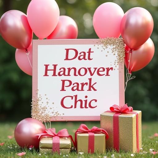 Photo yard sign for birthday with pink, gold, and silver colors. Text Dat Hanover Park Chic in bold elegant font. Balloons, confetti, and gifts with ribbons are included.