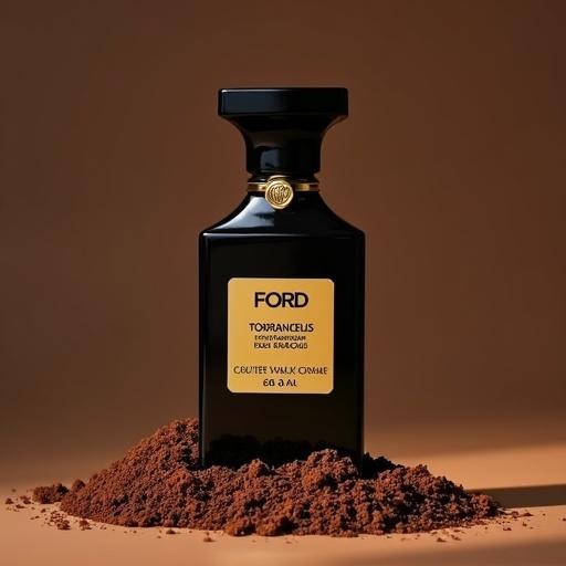 Tom Ford perfume bottle with tobacco surrounding it. Bottle looks elegant and luxurious. Focus on rich color and details of the bottle and tobacco.