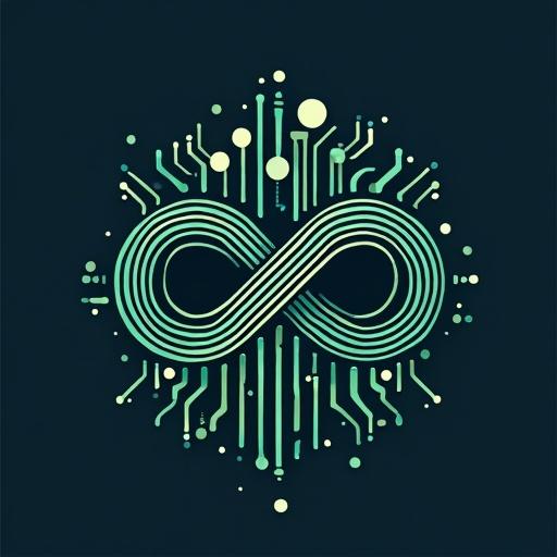 Stylized circuit board with infinity symbol. Combine abstract patterns with organic floral elements. Use cool blues and greens. Maintain modern minimalist style. Focus on innovation and growth. Reflect Bauhaus and Swiss design influences.