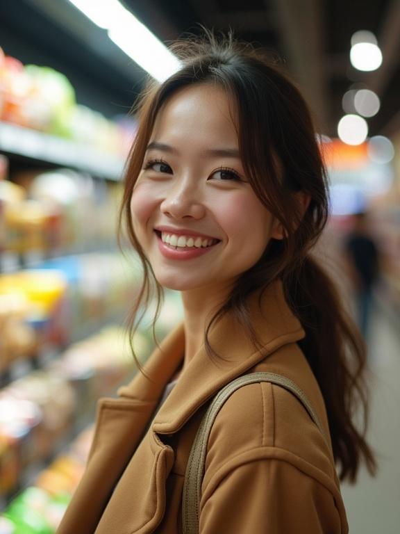 Female shopper looks at grocery shelf. Woman smiles beautifully. Brightly lit aisle with products in background. Candid photo of shopping experience.