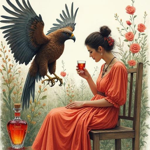 A watercolor and alcohol ink painting features a graceful woman on a wooden chair. The woman wears an elegant, flowy dress. She holds a glass of reddish liqueur. A fantastic falcon perches on a chair. The setting includes an orchard with flowers and herbs. A bottle of ALFRUNO stands nearby with a cork lid.