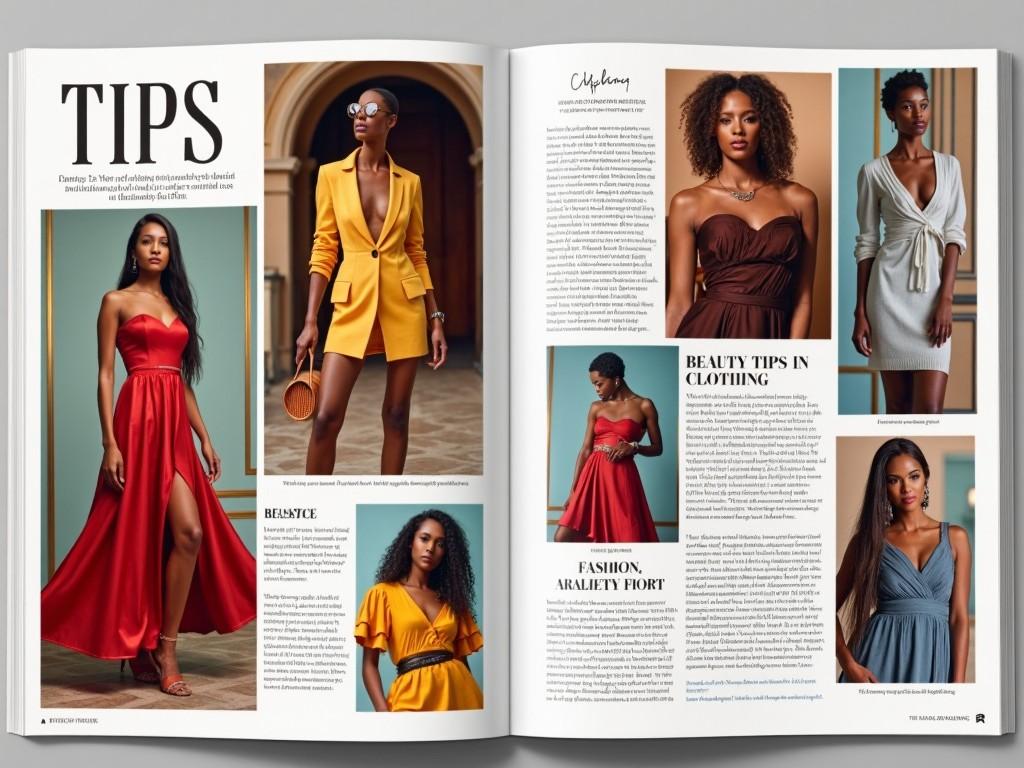 The image features a stylish magazine spread titled 'TIPS', showcasing various fashion ideas and beauty tips in clothing. It includes multiple models dressed in elegant outfits, demonstrating different styles and colors. The layout is visually appealing, balancing text with images effectively. Each model embodies a different theme, from vibrant dresses to chic suits. The use of soft lighting accentuates the clothing details and textures, creating an inviting atmosphere.