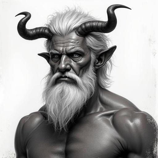 Illustration of a man with horns. Semi-god with features of beast and flowing platinum hair. Appears youthful yet powerful. Strong facial features.