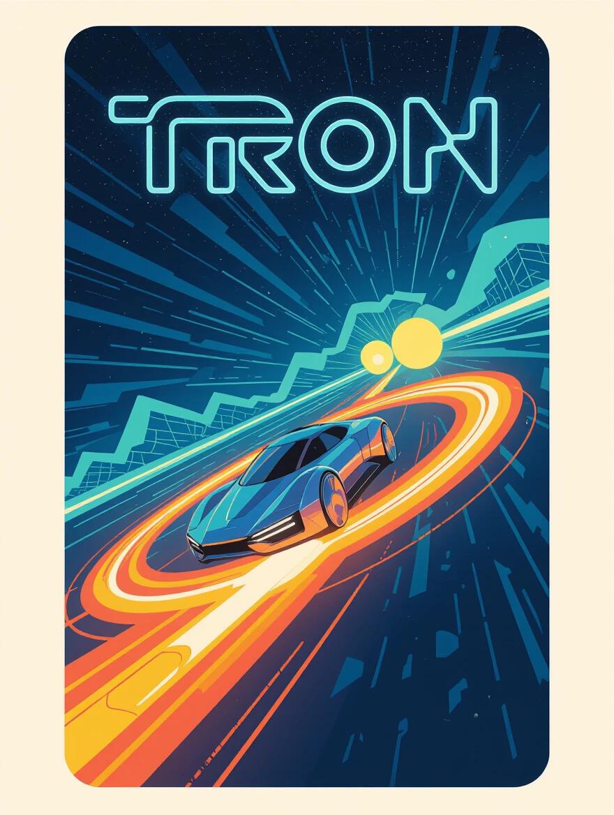 Tron movie poster showcasing a sleek futuristic car. Car is racing through a circle of glowing light. Background has dynamic lines and vibrant colors. Should represent sci-fi themes and excitement.