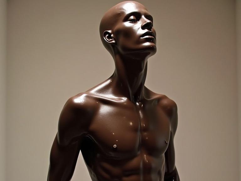 Sculpture resembling a melting chocolate figure. It is a nude male body shown in a minimalistic style. An optical illusion effect is present. The artwork appears surreal and obscure.