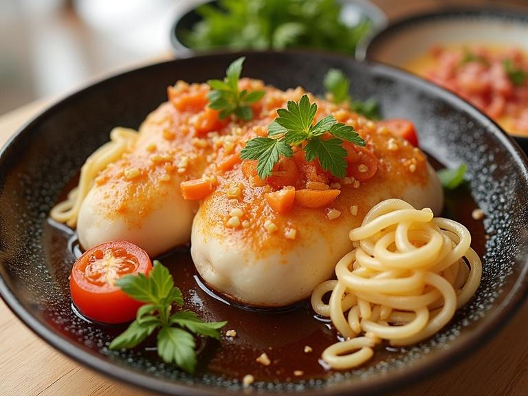 A tasty dish featuring three dumplings with sauce, garnished with vegetables and served with spaghetti and cherry tomatoes.