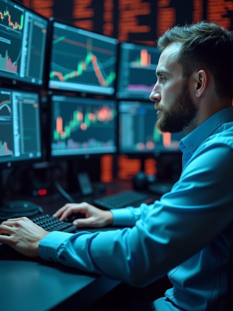 A close-up view of a trader focused on multiple screens. The screens are filled with market signals and trading charts. This setup represents real-time trading decisions and investment analysis.