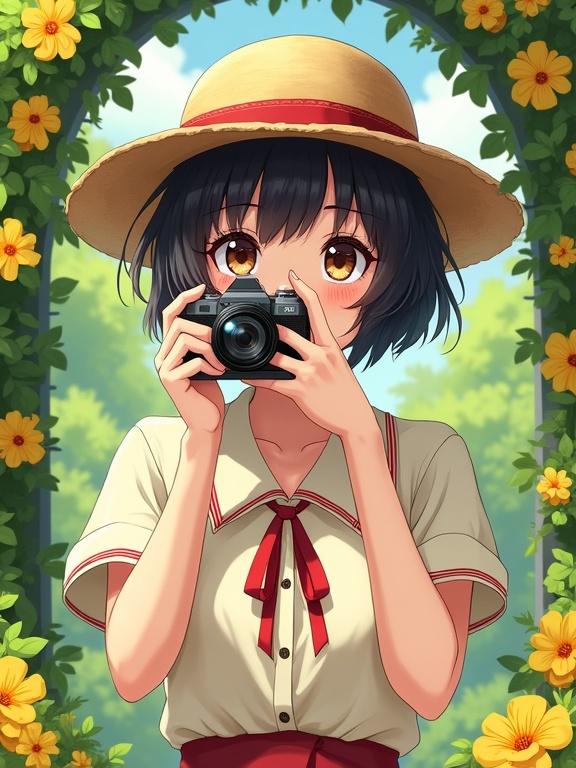 Anime-style illustration of a young woman with short dark hair taking a photograph. She holds a camera with a smile. Dressed in a light blouse and a straw hat. Surrounded by bright yellow flowers and green leaves in a garden. Sunlight dapples through branches, creating a warm atmosphere.
