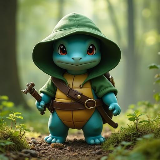 Squirtle dressed as a D&D ranger. Green outfit includes a cloak and Robin Hood style hat. Carries a bow. Set in a forest with soft natural light.
