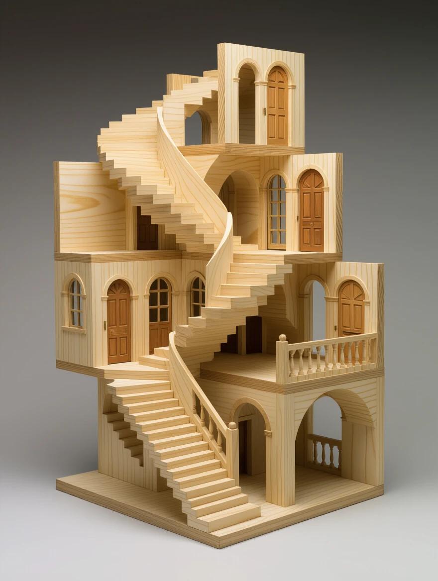 Three-dimensional wooden model of impossible architecture. Features stairs that spiral leading nowhere. Doors open to smaller versions of the room. Bridges connect to themselves. Hand-carved architectural elements show meticulous craftsmanship. Different wood species create depth perception. Model can be partially disassembled for hidden chambers. Sits on an architect's drafting table with drawing tools. Dramatic shadows enhance surreal architecture.