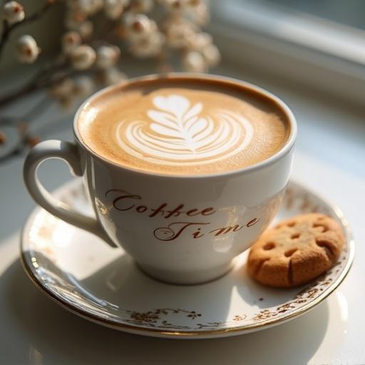 A pristine white ceramic coffee cup with gold accents shows intricate latte art of a blossoming rose. The cup is centered on a floral-patterned coaster with almond butter cookies nearby. The cup has 'Coffee Time' etched in script. Soft light illuminates the scene with warm cream and brown tones.