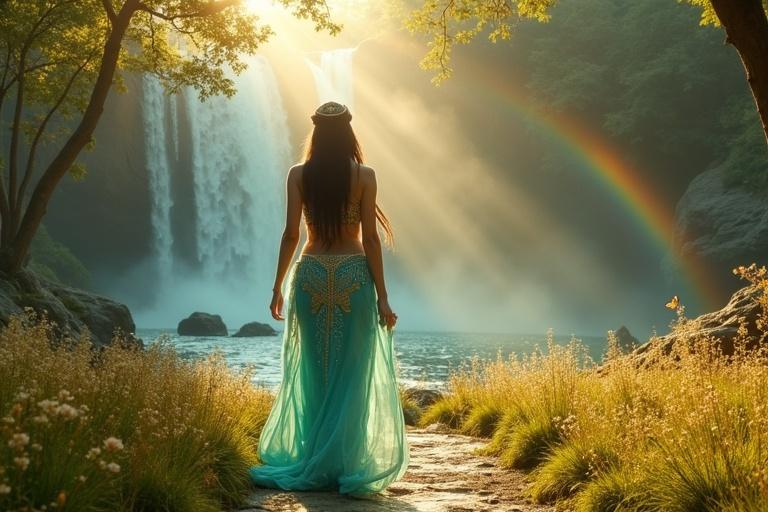 An Arabian princess walks towards a mesmerizing waterfall in an enchanted grassland. She wears a turquoise outfit with gold embroidery. Sunlight illuminates the scene. A rainbow arcs through mist. Flowers line her path. The air is filled with butterflies. Her expression shows peace and awe as she approaches the waterfall.