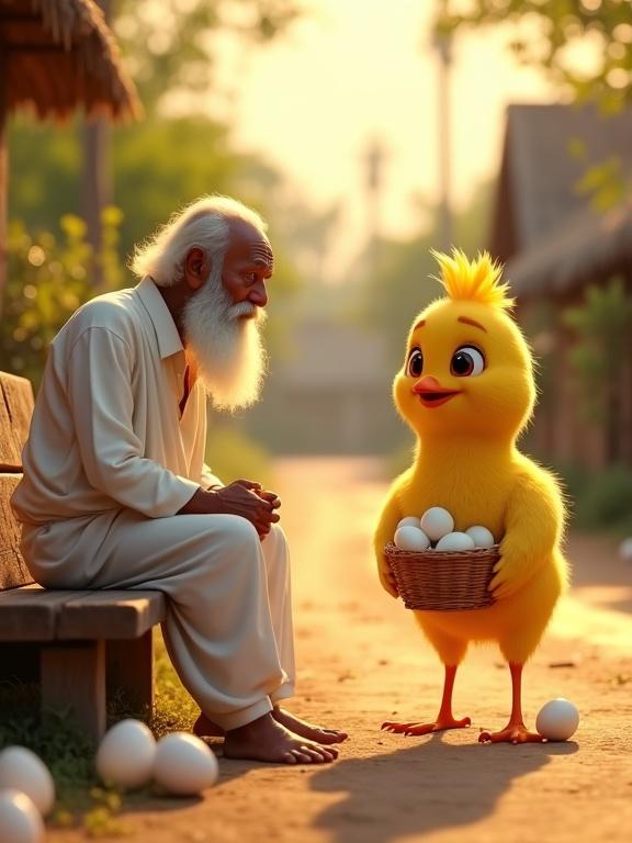 Digitally created image of an elderly man with a white beard in traditional Indian clothing on a bench. He appears surprised and emotional facing a cartoon-style yellow chick on two feet. The chick is smiling and holds a basket of white eggs. Broken eggs scatter on the ground. Background features a peaceful village with thatched huts and trees in warm sunlight.