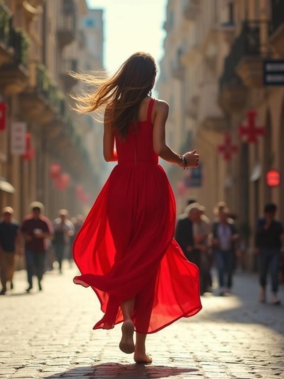 A girl runs in a long red dress on a vibrant city street. The dress flows elegantly as she moves forward. The street is lively with people. Sunlight creates a warm atmosphere. The scene captures elegance and motion.