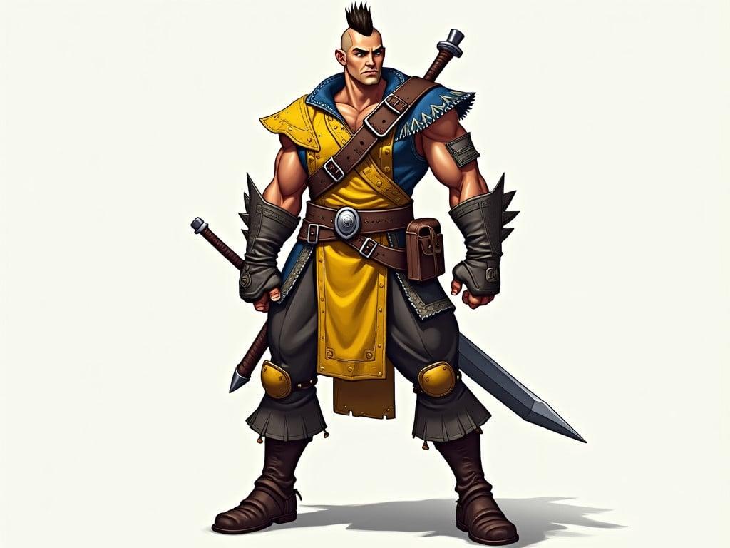 The image shows a fictional character standing in a confident pose. He is dressed in a combination of leather and fabric clothing, incorporating elements of fantasy design. The outfit features a yellow and blue color scheme, with decorative patterns and intricate stitching. Accessories include various belts with pouches and weapons, emphasizing a warrior-like appearance. The character’s hair is short and styled in a mohawk fashion. Overall, the character appears ready for adventure, suggesting a backstory rich in exploration and conflict.