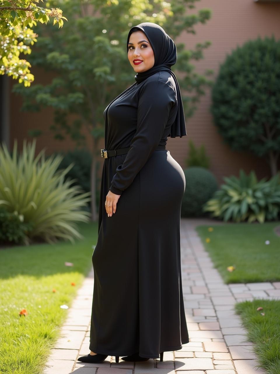 A woman wearing a black dress and hijab standing in a garden with potted plants, vibrant flowers, and a white fence. Sunlight creates a bright and warm atmosphere.